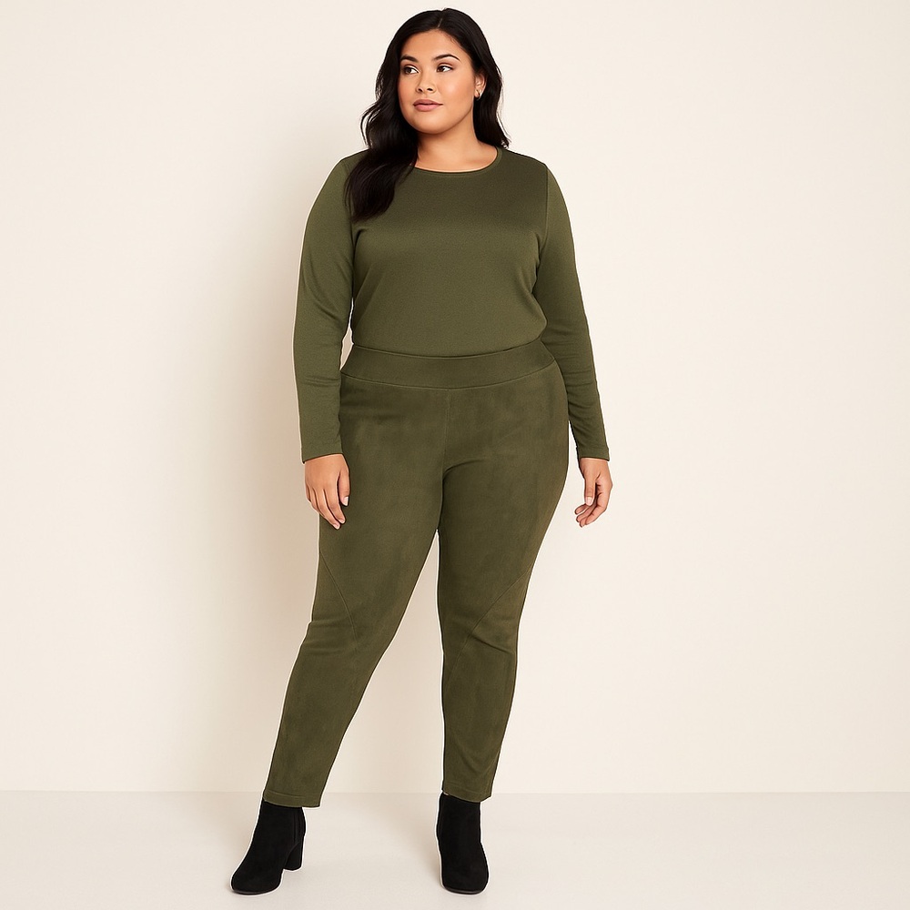 Women With Control Faux Suede Leggings 1XP– Olive Green Slim Fit Pull-On Pants